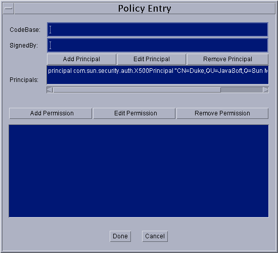 Policy Entry dialog showing the X500Principal