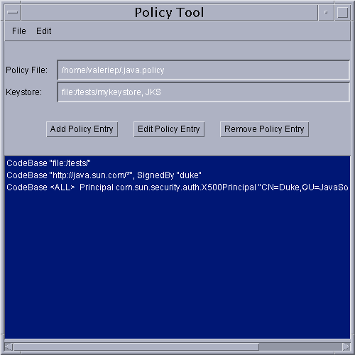 Policy Tool window showing three CodeBases, keystore, and policy file name