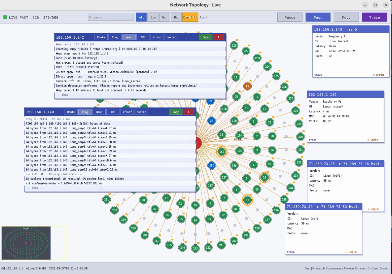 Nettopo3 — network scan with host detail panels